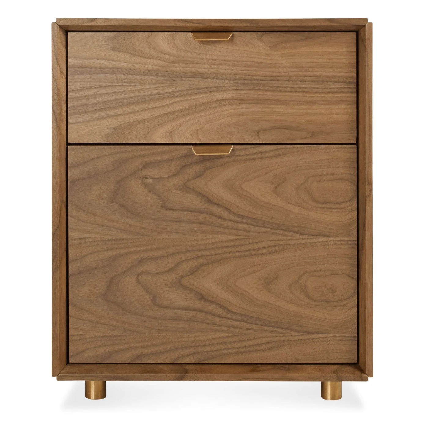 Modern Walnut Wood File Cabinet with Brass Detail for Office