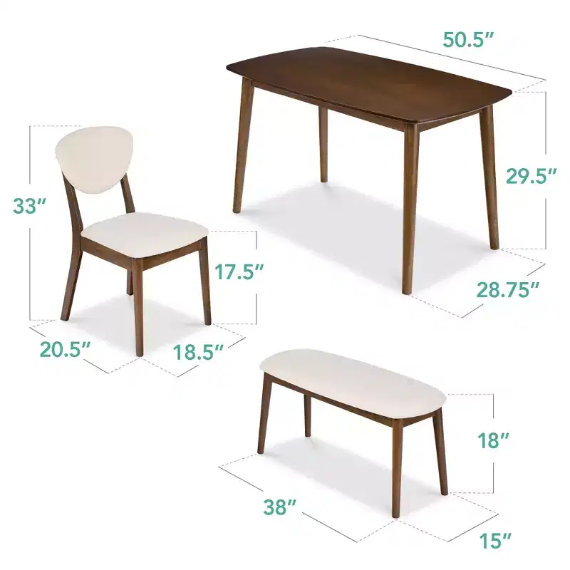 Best Choice Products 4-Piece Mid-Century Modern Upholstered Wooden Dining Set w/ 2 Chairs, Bench - Walnut/Cream