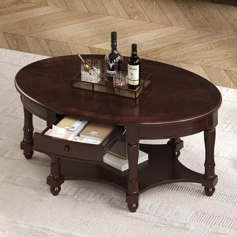 French Vintage Country Oval Coffee Table with Drawer and Lower Shelf, 45