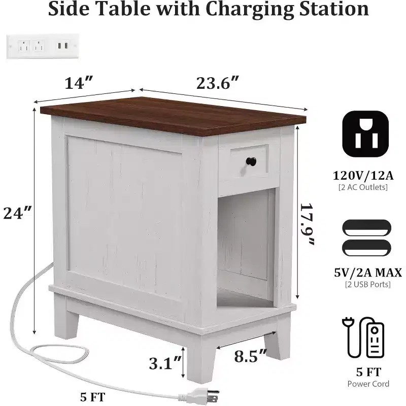 Acekool Farmhouse End Table with Charging Station and Storage Drawer, White and Brown Accent Table for Living Room and Bedroom