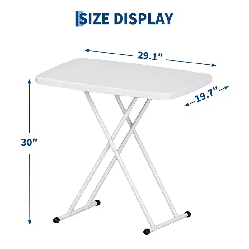 Adjustable Height Folding Table, Metal Frames, Rectangular Snack Laptop Table for Dorm Bedroom Living Room Camping, White