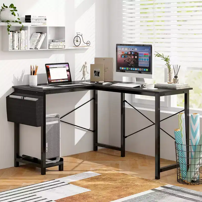 Reversible L-Shaped Computer Desk – Storage Bag, Host Stand, Dark Gray