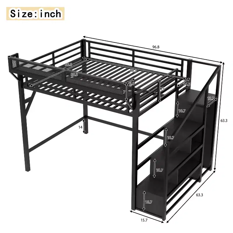 Queen Loft Bed with Storage Stairs, Shelves and Built-in Wardrobe, USB Ports, Noise-Reduced Design, Black