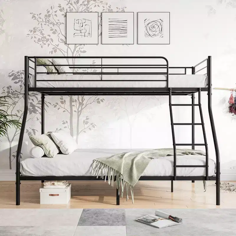 Twin-Over-Full Metal Bunk Bed with Ladder and Upper Guardrail, Black