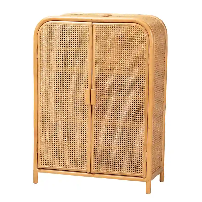 Modern Bohemian Light Honey Rattan 2-Door Storage Cabinet