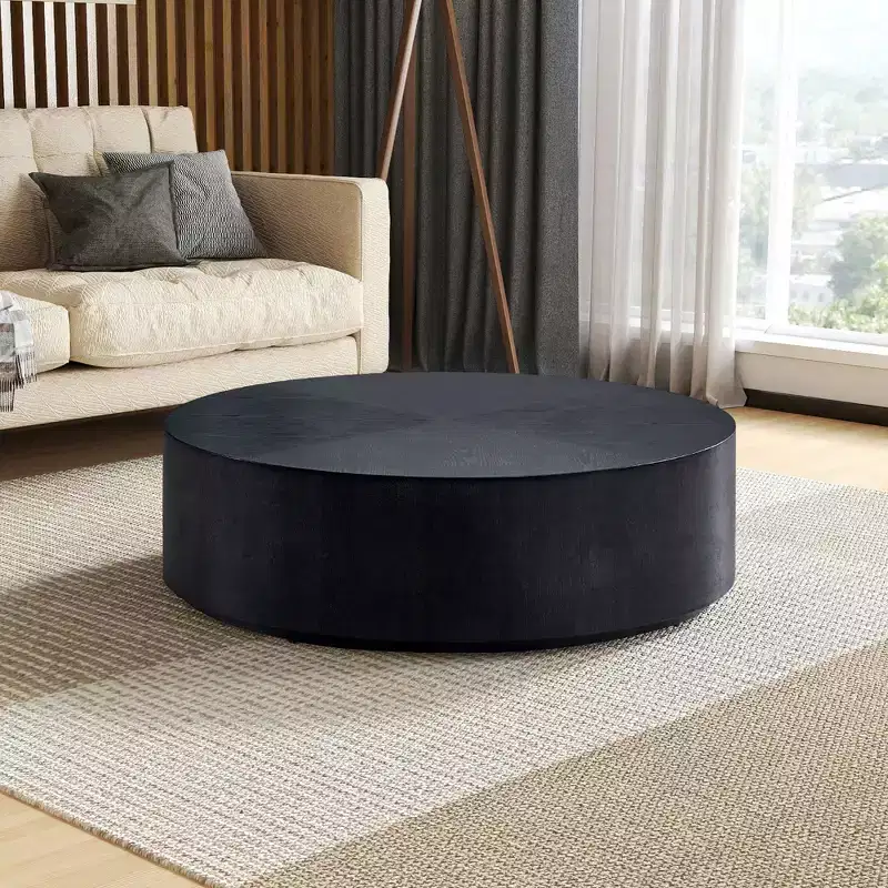 Okak Modern 35.4 Round Wood Coffee Table, Sturdy Base Drum Center Table, No Need Assembly for Living Room Apartment