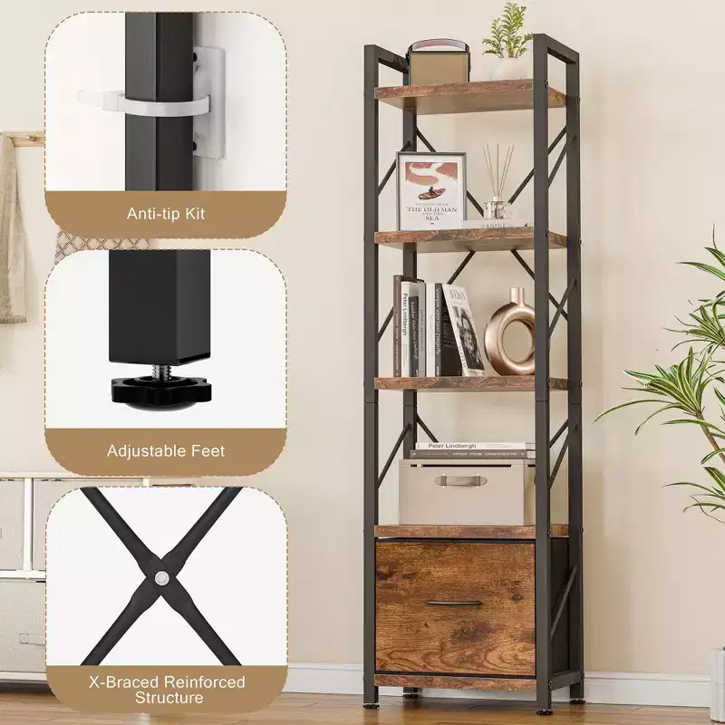 5 Tier Bookcase with Drawer, Modern Tall Storage Organizer, Industrial Book Shelves for Bedroom, Living Room, Office, Rustic Brown