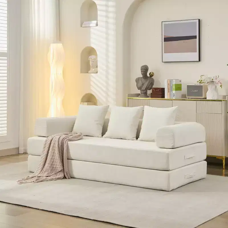 Chenille Lounge Floor Sofa Bed with Convertible Foldable Mattress, 2-Seater Futon Couch Sleeper for Living Room, Bedroom