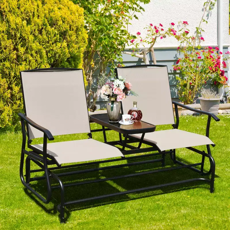 Costway 2 Person Patio Double Glider Steel Frame Loveseat Rocking with Center Table