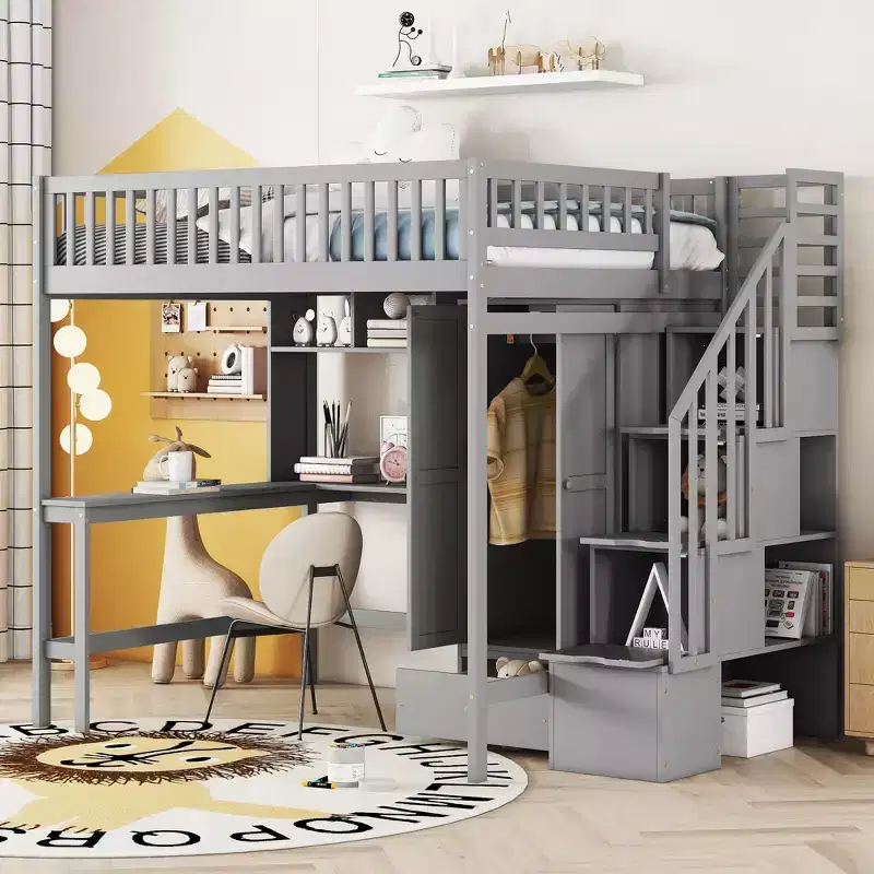 Full Size Wood Loft Bed with Bookshelf, Drawers, Desk & Wardrobe – 350 lbs