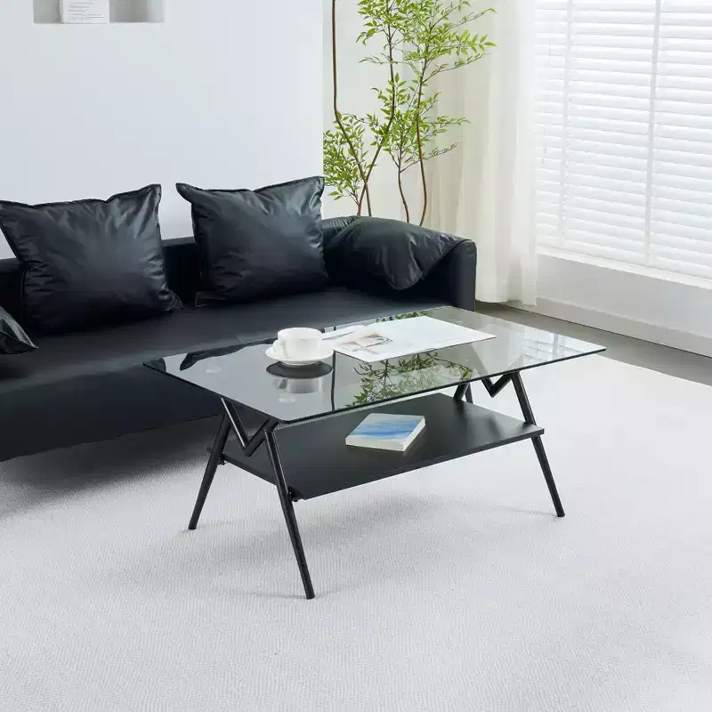 Modern Coffee Table with Tempered Glass Top and Wood Shelf