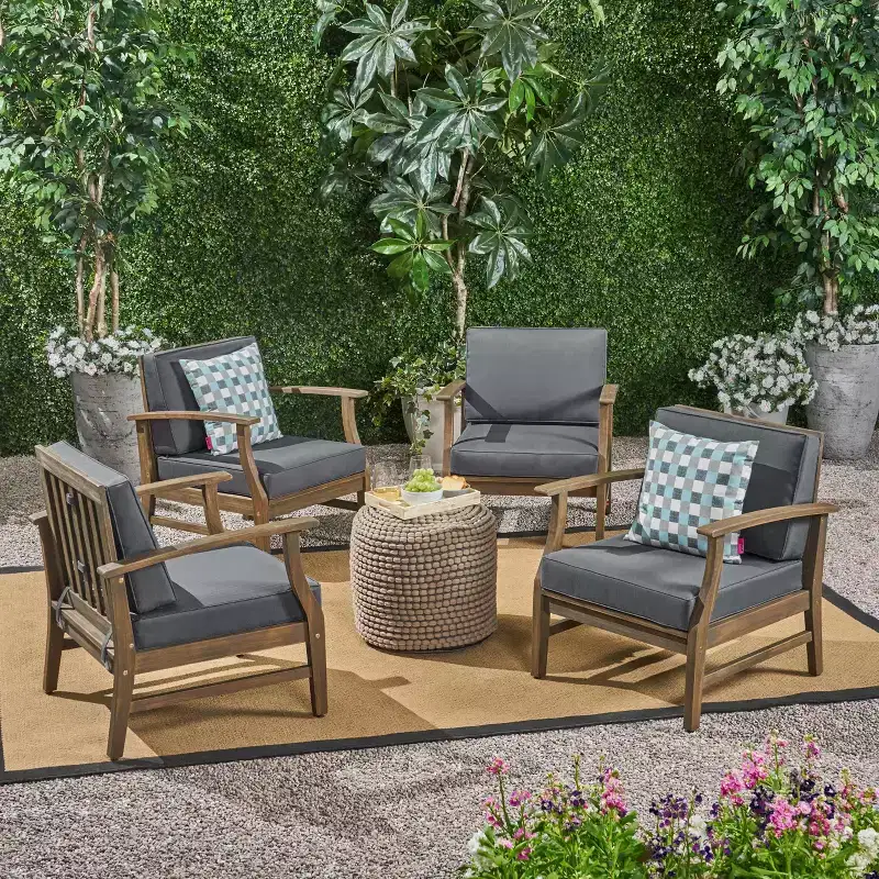GDFStudio Abena Outdoor Acacia Wood Club Chairs with Cushions(Set of 4)