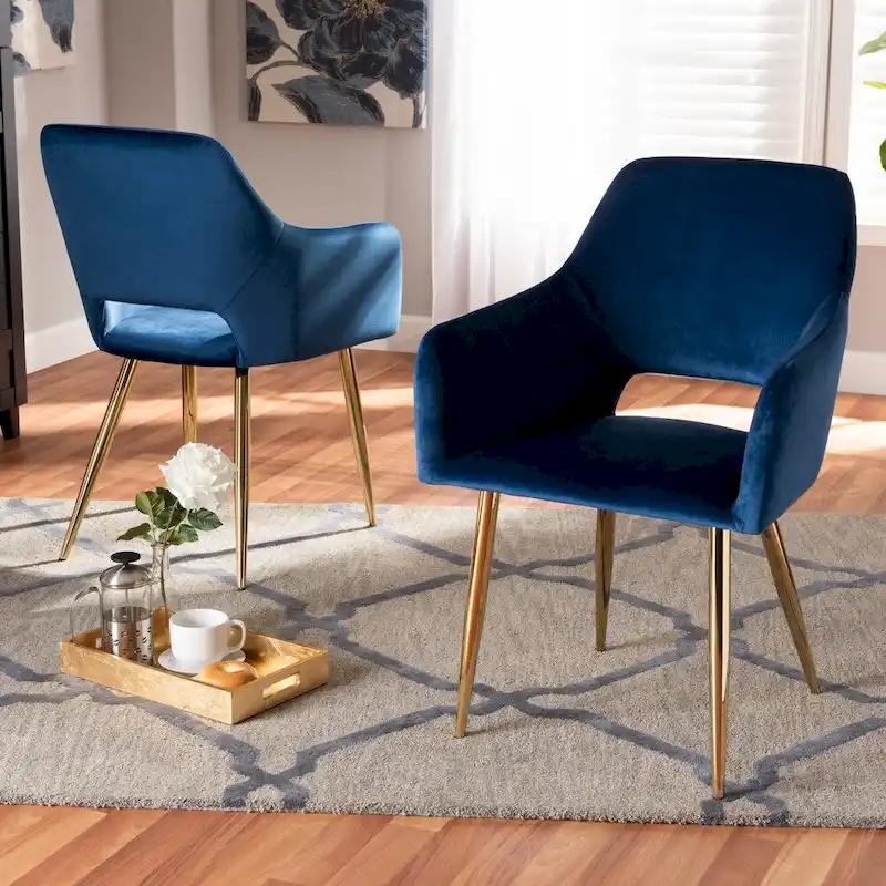 Glam Upholstered Dining Chair Set of 2 - Navy Blue Velvet with Gold Legs