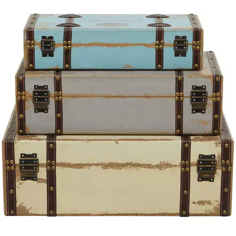 Set of 3 Farmhouse Distressed Wood Rectangular Trunks Natural - Olivia & May: Polyurethane Finish, No Assembly Required