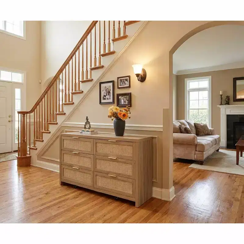 6 Drawer Dresser with Rattan Front, 56.7 Wide 3 Dresser Chest of Drawers with Wheels, Sturdy Thickened Wood Storage Cabinet for Bedroom, Living Room