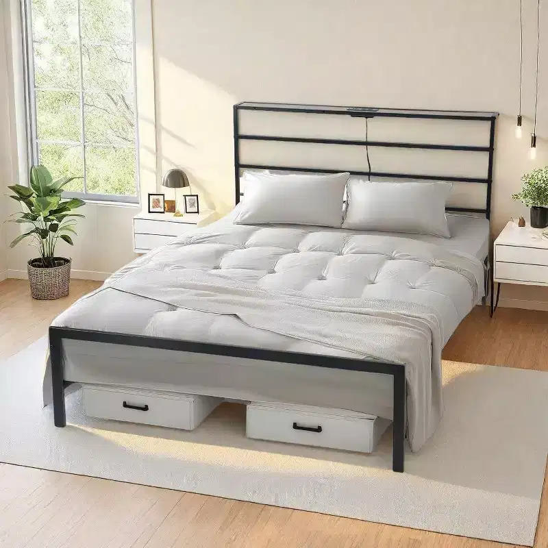 FurnitureR Metal Bed Frame Twin with Led Lights and Charging Station, Mattress Foundation, Iron-Art Headboard and Footboard, Storage Shelves, Black