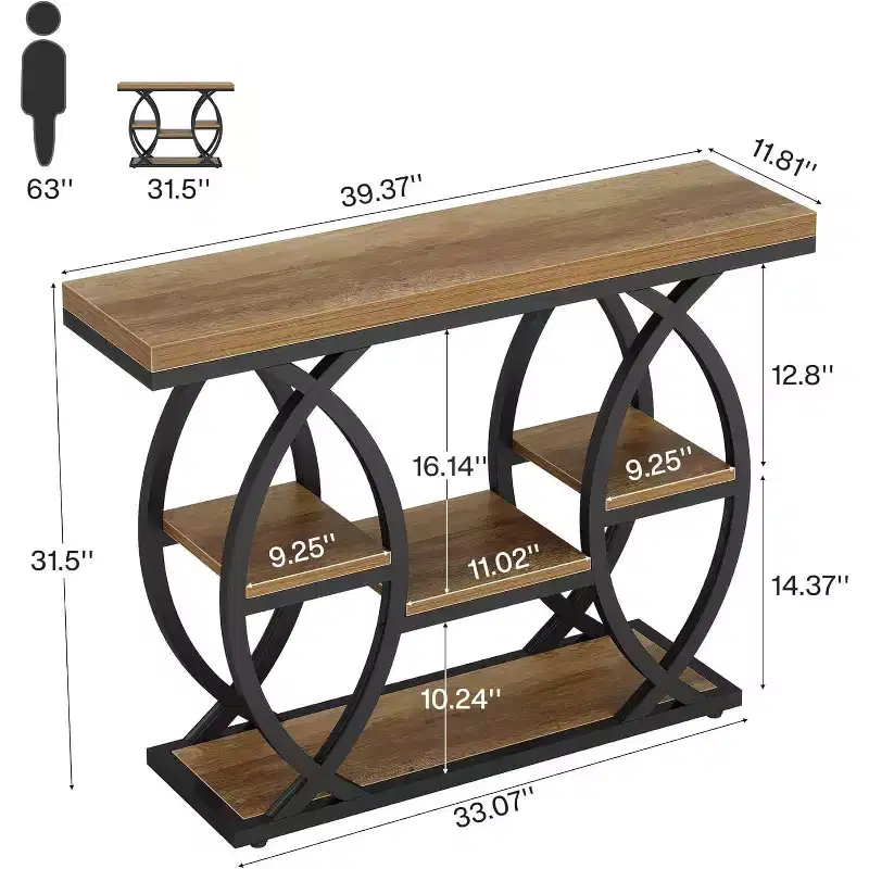 Lantine 39.4 Console Table, Industrial 4-Tier Sofa Table Entryway Table with Storage Shelves and Metal Frame for Small Spaces, Hallway, Foyer, Brown