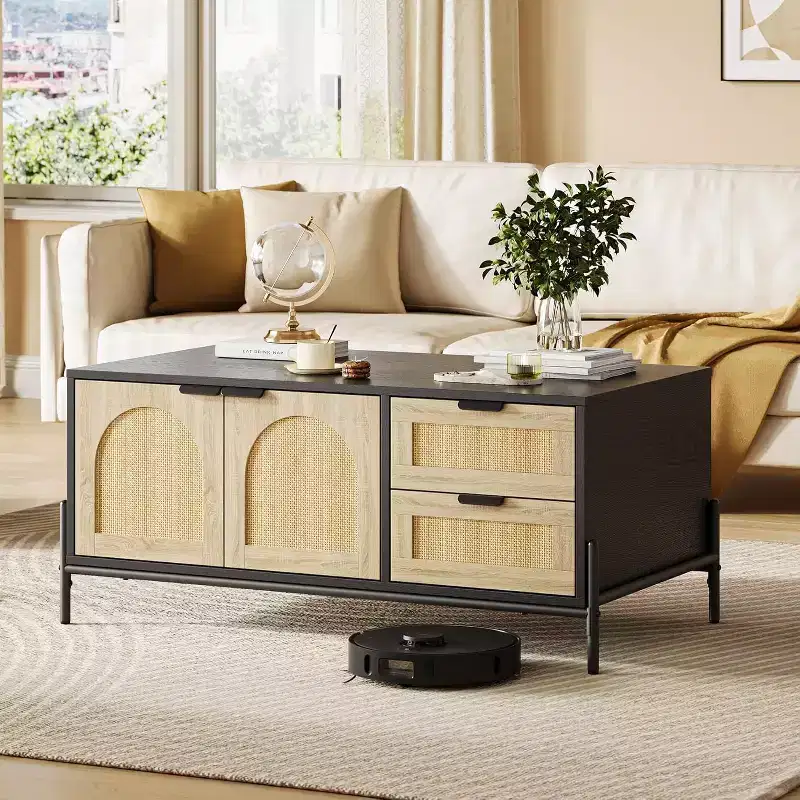 Mid-Century Modern Black & Oak Coffee Table with Rattan Doors, LED Lights, 2 Drawers & Storage Cabinet, Rectangular Living Room Table