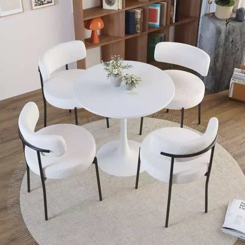 Mid-Century Modern Dining Chairs Set of 2, Round Upholstered with Curved Back & Metal Legs, Boucle Kitchen Dining Room Side Chairs