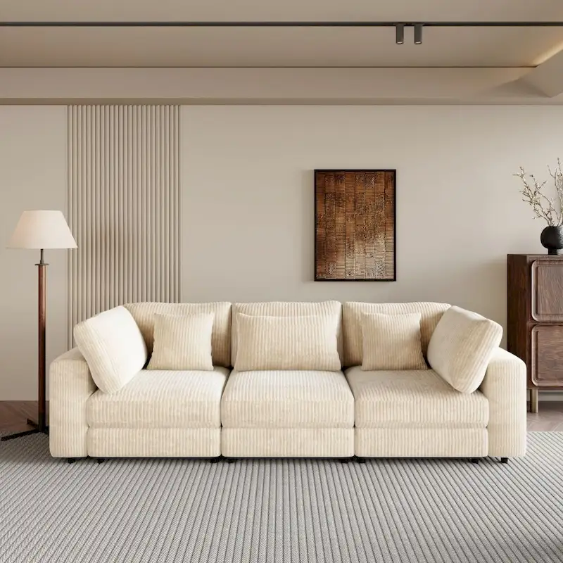 Grey / Beige Corduroy 3-Seater Sofa with Removable Back Cushions and Pillows