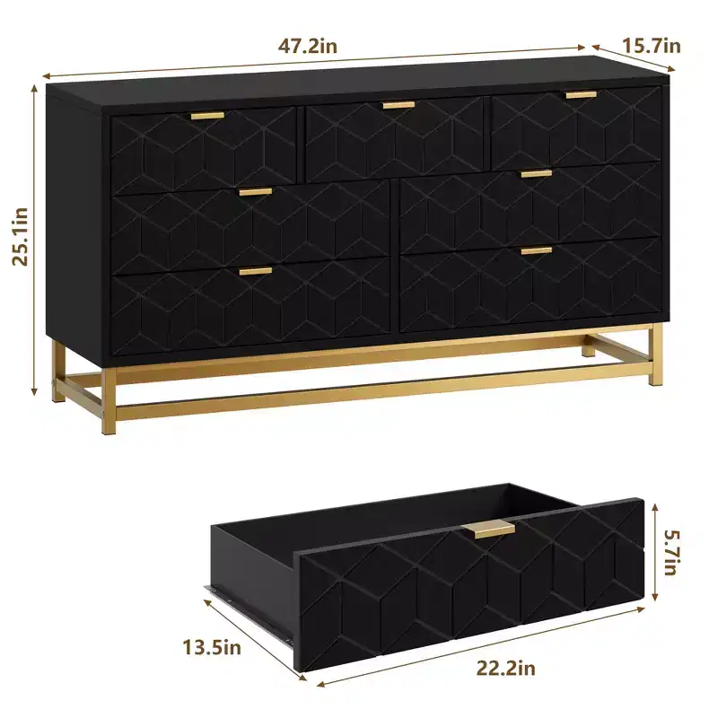 Bedroom Storage Cabinet, 53.5 Inch Wide Dresser Organizer, 7 Drawers, Gold Metal Handles and Legs for Closets, Hallways, Living Rooms, Entryways