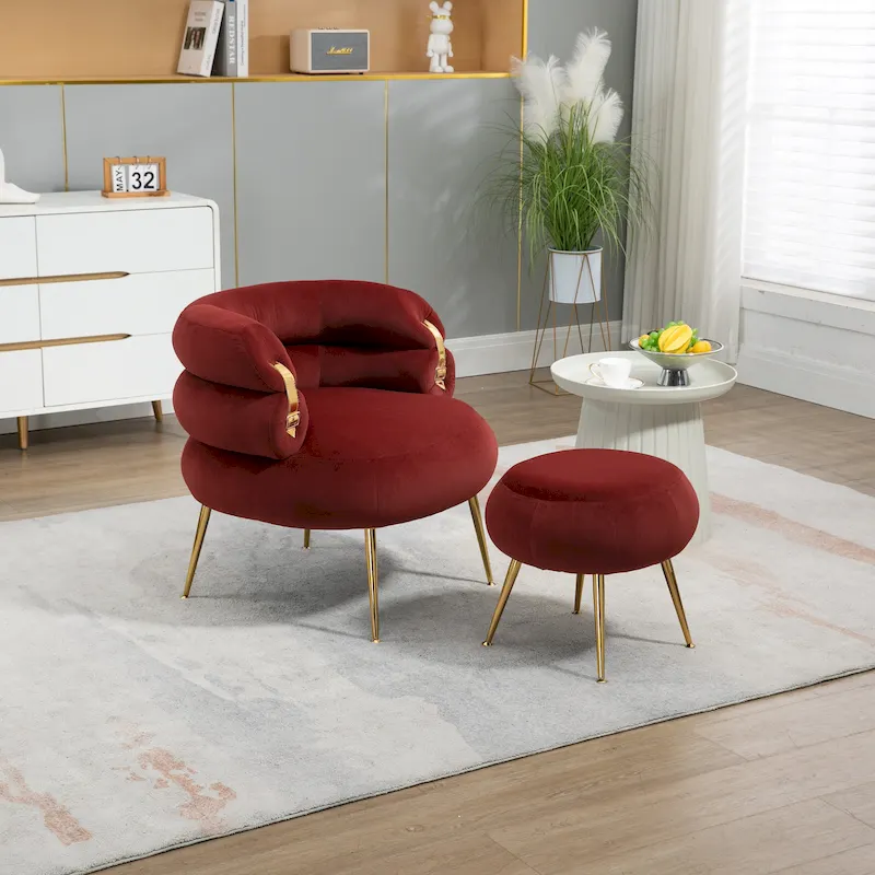 Velvet Barrel Accent Chair with Matching Ottoman, Metal Frame, 250 lb Capacity