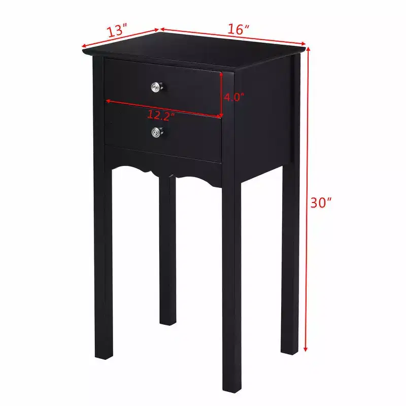 2 PCS Side Table End Accent Table Night Stand W/ 2 Drawers Black