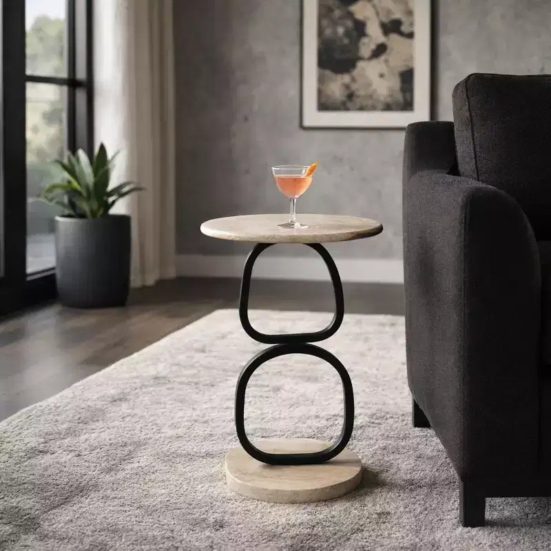 Marble Top and Metal Base Round End and Side Table for Small Room Spaces - Modern Accent for Bedroom and Living Room Decor - 23, Tan & Black