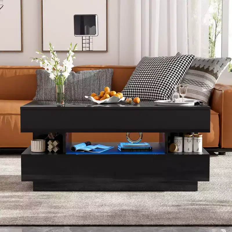 Lift Top Coffee Table with Storage, Modern LED Lighted Coffee Table with Hidden Compartment, 2 Drawers and Open Shelf for Living Room