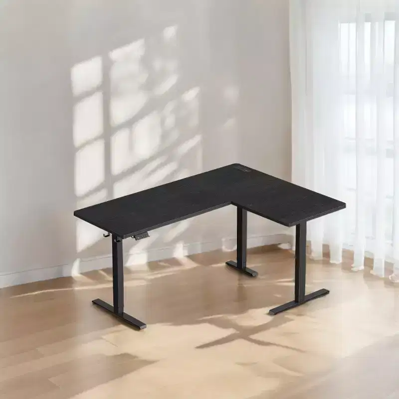 Shaped Electric Standing Desk, 63 x 47.2 inches. A height - adjustable corner desk with power outlets and 2 memory buttons.