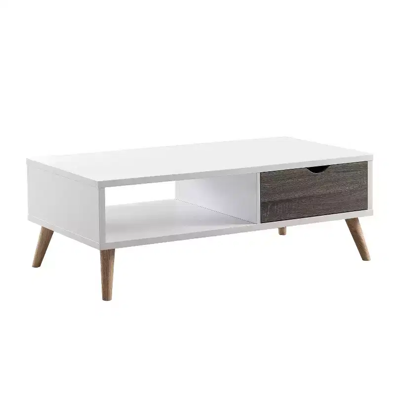 White & Distressed Gray Transitional Coffee Table with Storage