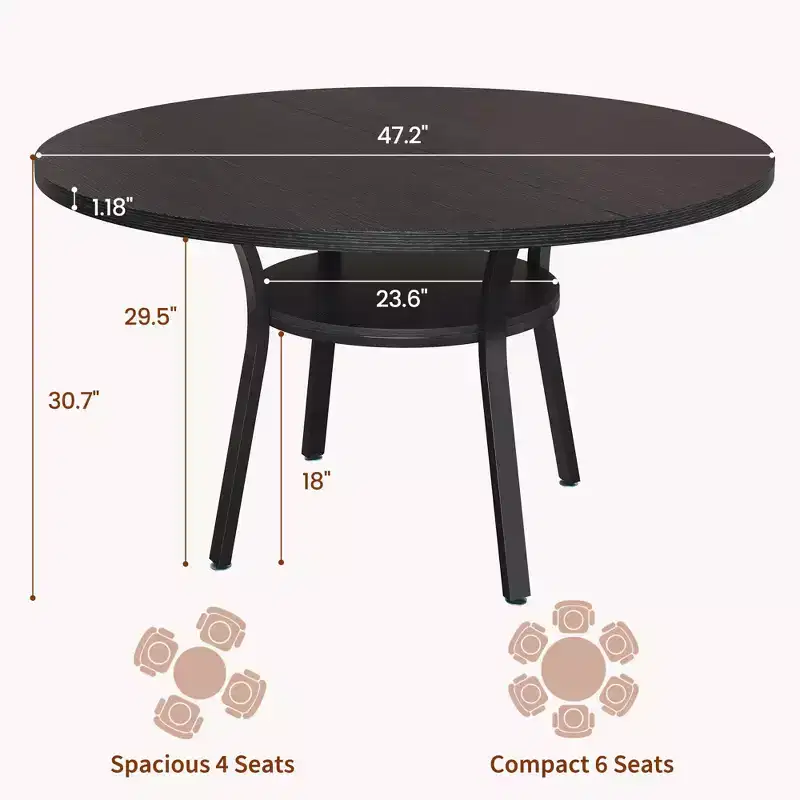 47'' Round Dining Table for 4-6, Wood Kitchen Table with Storage Shelf, Modern Circular Dinner Table, Breakfast Table for Living Room,No Chair