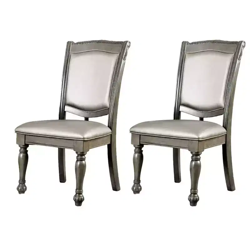 Royal Hampton Faux Leather Upholstered Solid Wood Side Chair, Pack of Two, Silver and Gray