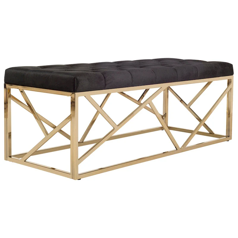 Black & Gold Tufted Rectangular Bench, Single Seat