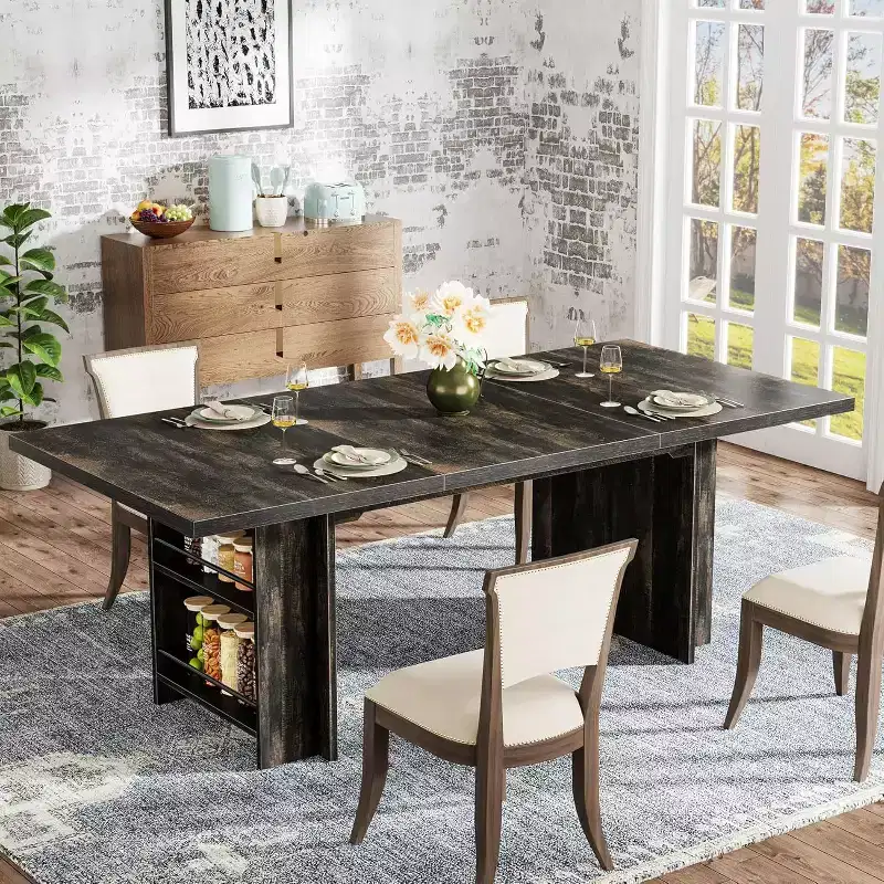 Black/Brown/Light Brown Farmhouse Rectangular Dining Table with Storage for 6