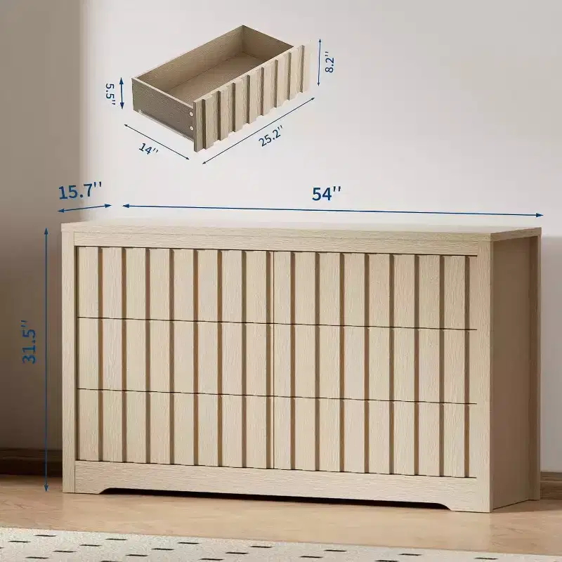 MDF & PB 6-Drawer Dresser with Wave-Groove Panel 54''L x 31.5''H Natural Finish