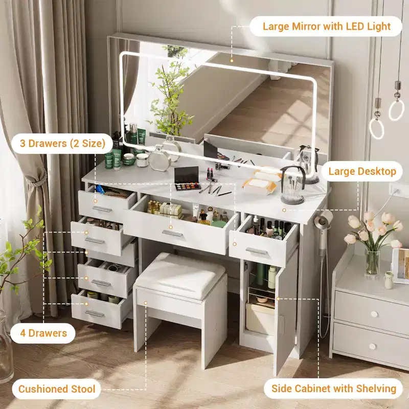 Modern Vanity Desk with LED Mirror, 7 Drawers, 3 Light Modes, Chair & Charging Station