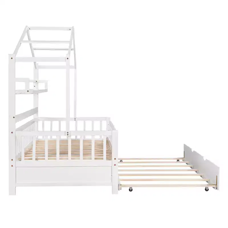 Luxystar Wood House Bed Frame with Trundle and Shelves, White