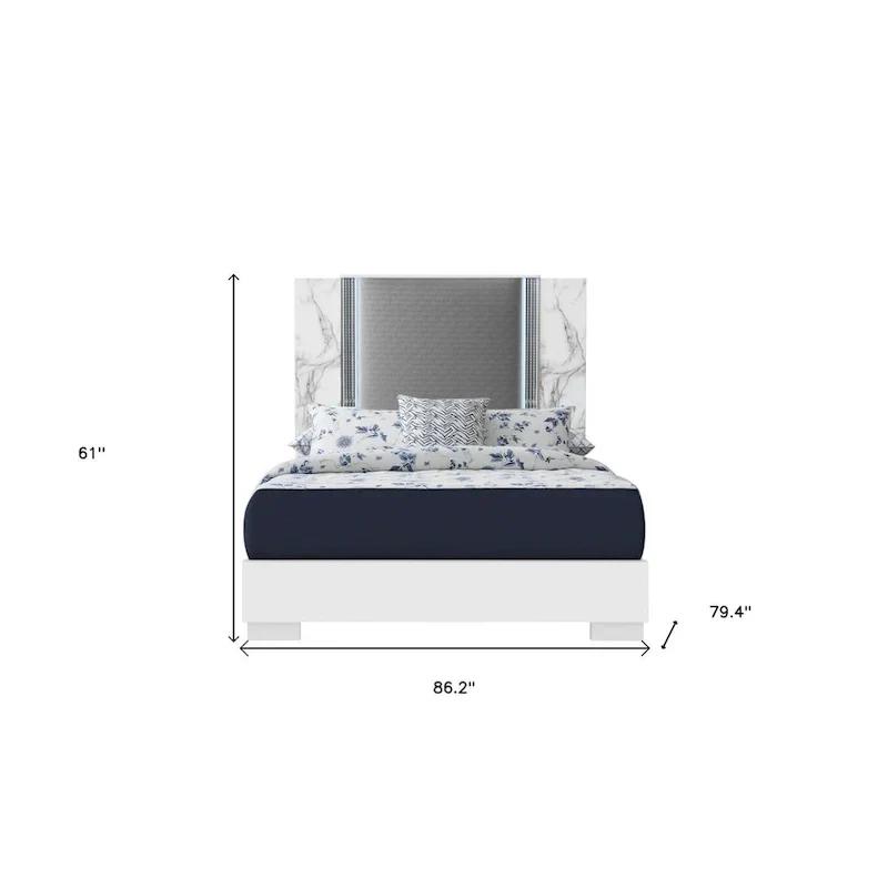 White & Gray Wood Faux Leather LED King Bed Frame (1-Person)
