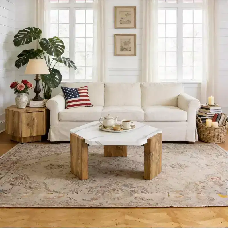 31 White Marble Hexagonal Coffee Table, High-Density Eco-Board Triangular Support Base 250lb Weight Capacity