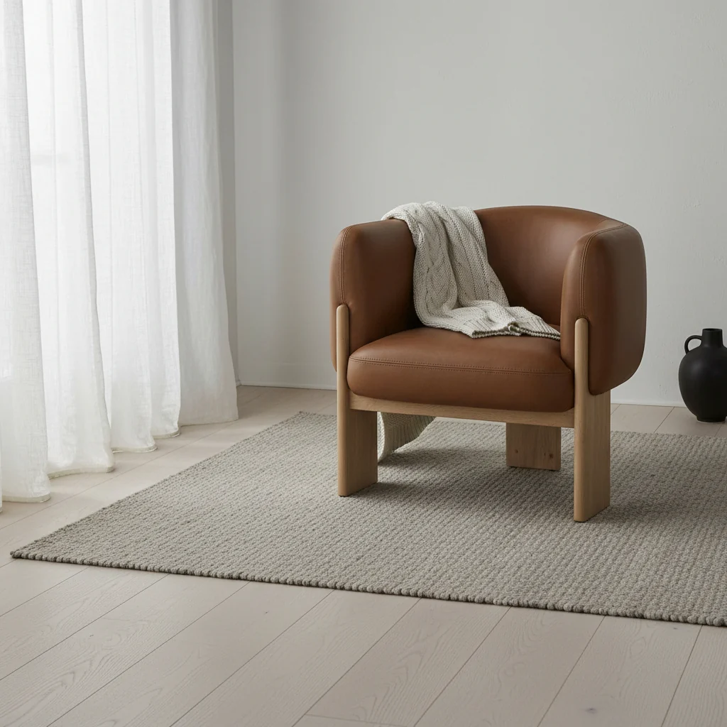 Uniquely Shaped Fabric & Rustic Oak Lounge Chair with Cerused Leg Finish for Living Room