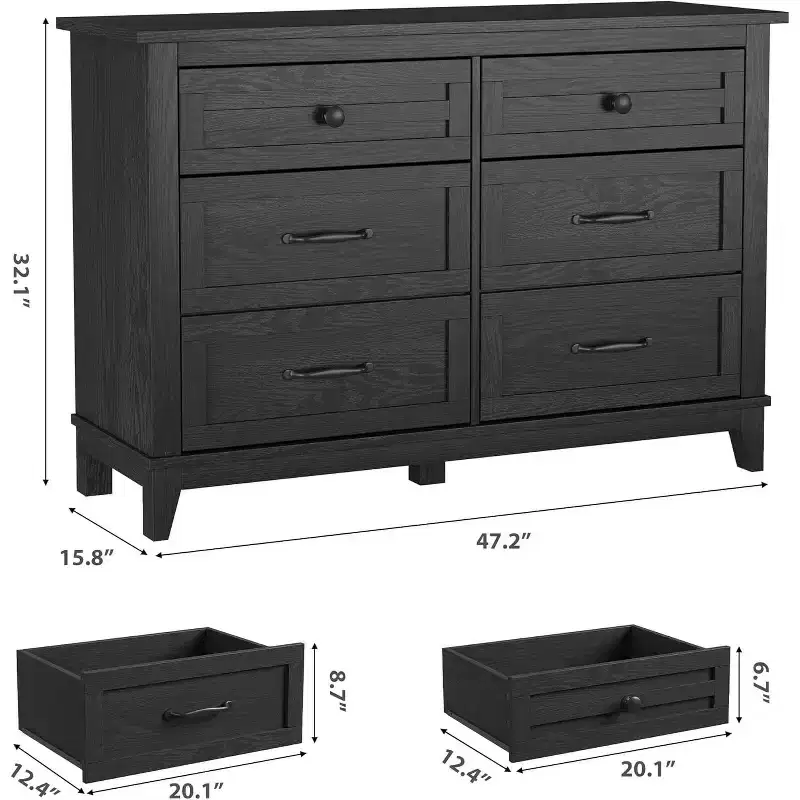 6 Drawer Dresser for Bedroom, 47 Wide Wooden Storage Chest, Modern Freestanding Closet Organizer, Living Room, Entryway