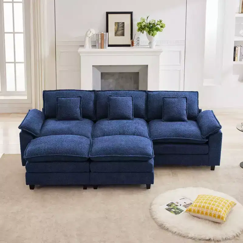 105.9 in. Chenille Fabric 5 seat Sectional Sofa with 2 Ottomans in Dark Blue