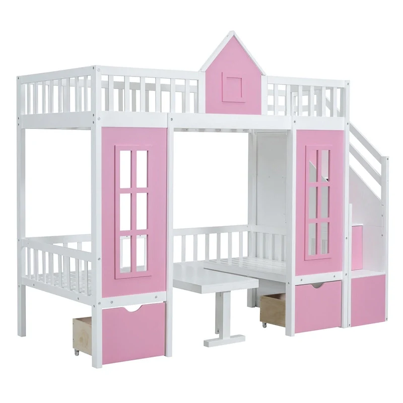 Twin Over Twin Bunk Bed with Convertible Desk - Gray