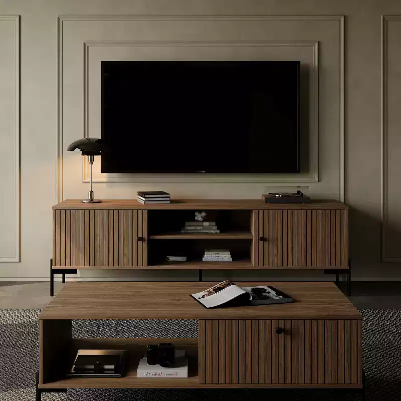 60 inches wide Golden Sandalwood TV Stand, fits 45-75 inch TVs, Modern Media Console with Storage Cabinets & Slatted Doors for living room