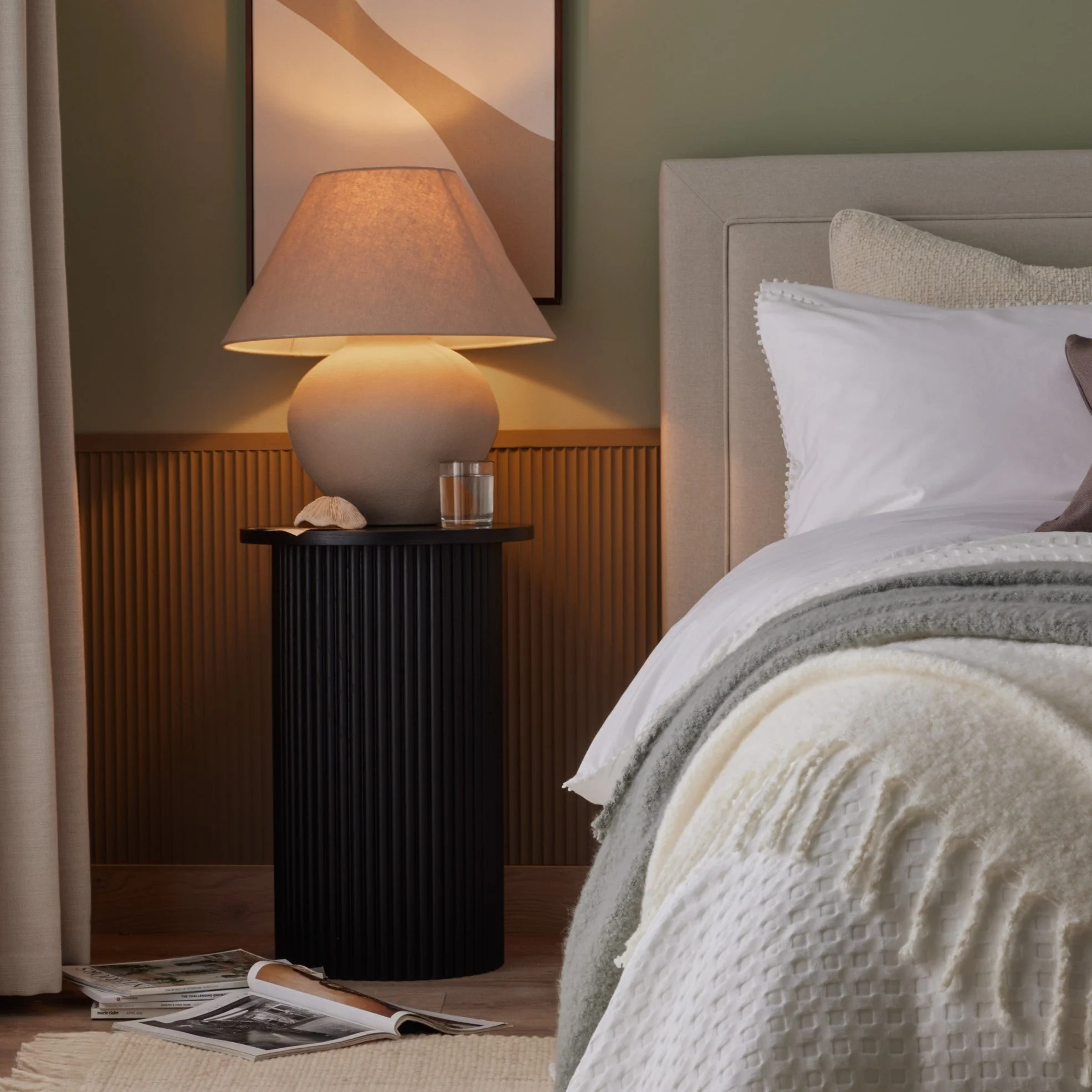Contemporary Black Wood Effect Side Table with Cylindrical Base for Living Room