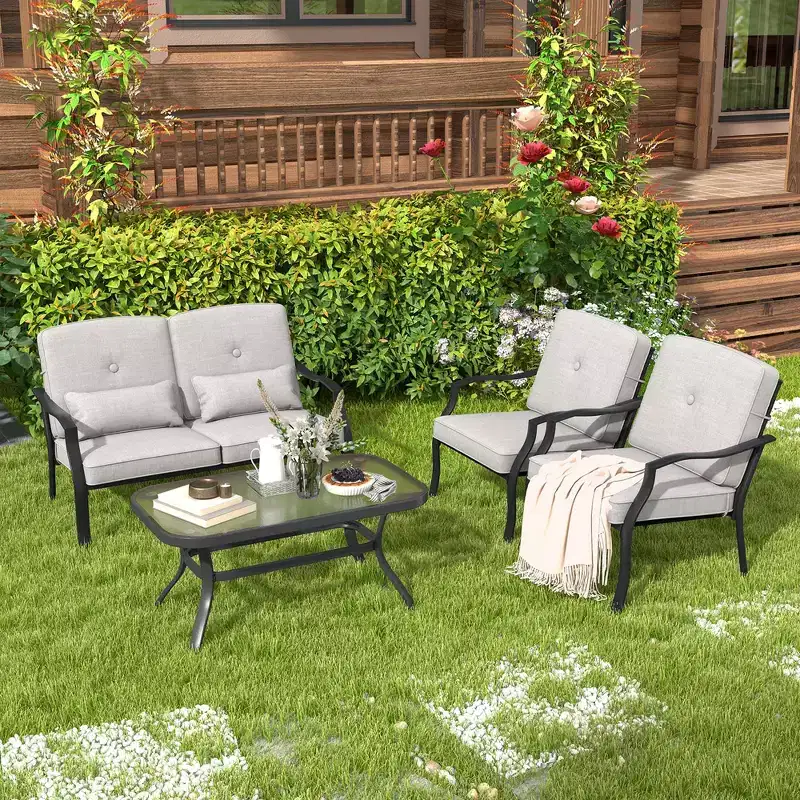 Costway 2 PCS Patio Furniture Set Outdoor Loveseat Chair Coffee Table Cushioned Seat Navy/Grey