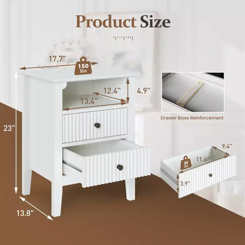 Fluted Nightstand with Charging Station, End Table with 2 Silent Slide Drawers & Storage Shelf, Ideal for Living Room, Bedroom