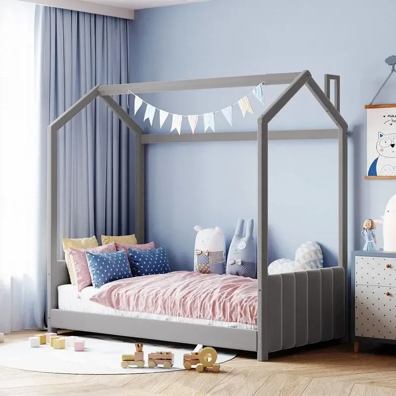 Twin Size Velvet House Bed Wood Floor Bed
