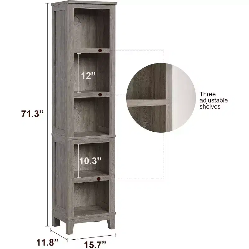 Narrow 5-layer Corner Bookshelf, Living Room Country-style Bookshelf with Wooden Legs, Grey, Suitable for Living Room and Bedroom, Space-saving